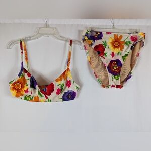 Illusions By Cole Multicolor Floral Peony Flower High Waisted Bikini Vintage 90s